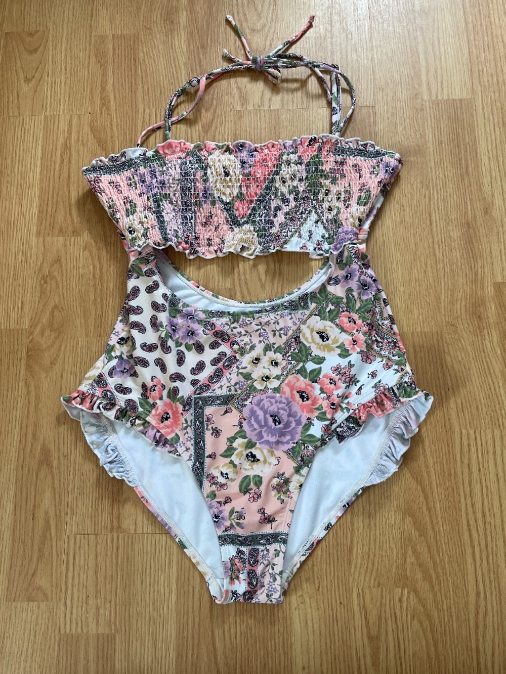 True Craft Floral Boho Smocked Cutout One Piece Swimsuit Size XL